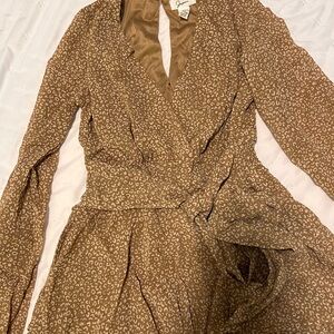 Ganni Brown Patterned Long Sleeve Dress
